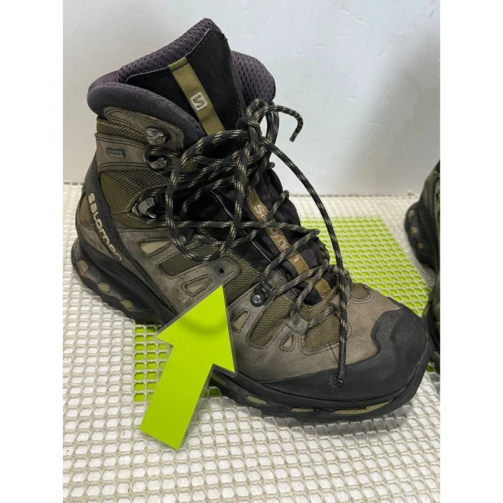 Salomon Quest 4D GTX Hiking Boots M's 10 Olive Green 2 hook missing stain tear